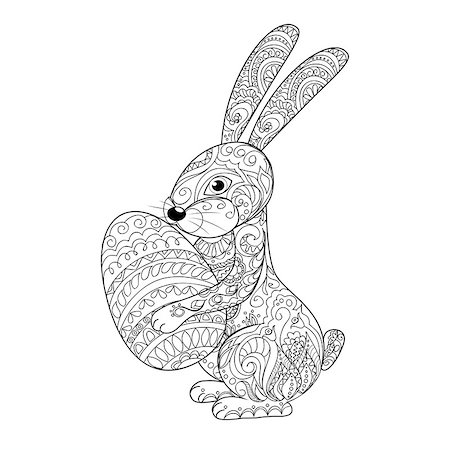 simsearch:400-07424187,k - Hand drawn decorated cartoon rabbit  with egg. Card for easter day. Zentangle style. Henna Paisley flowers Mehndi. Image for adult or children coloring  page, tatoo. Vector illustration - eps 10. Photographie de stock - Aubaine LD & Abonnement, Code: 400-08529059