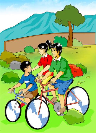 simsearch:400-06412547,k - Cartoon illustration of a family cycling in the park Stock Photo - Budget Royalty-Free & Subscription, Code: 400-08529454