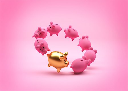 Savings Concept - Piggy Bank. A floating circle of piggy banks - with a standout gold one. Illustration. Stock Photo - Budget Royalty-Free & Subscription, Code: 400-08529574