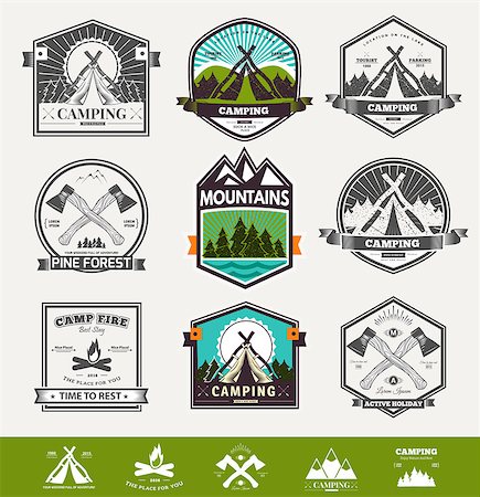 Retro vector vintage camp label and logo graphics. Camping outdoor, adventure and explorer. Simple and nice design. Travel and Exploration the world. Camping  icons Stock Photo - Budget Royalty-Free & Subscription, Code: 400-08530460