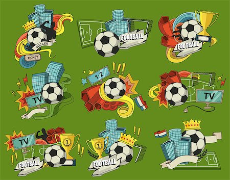 soccer retro designs - Football vector illustration. Set of sports elements for banner, brochure, brochures. Illustration composed of fan, ball, gate, football field. Stock Photo - Budget Royalty-Free & Subscription, Code: 400-08530471