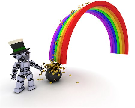 end of the rainbow - 3d render of robot with pot of gold at the end of the rainbow Stock Photo - Budget Royalty-Free & Subscription, Code: 400-08530558