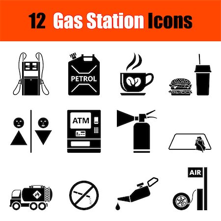 Set of twelve Petrol station black icons. Vector illustration. Stock Photo - Budget Royalty-Free & Subscription, Code: 400-08530620