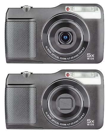 simsearch:400-04294580,k - Digital compact cameras with open and closed lens isolated on white with clipping path Stock Photo - Budget Royalty-Free & Subscription, Code: 400-08531060