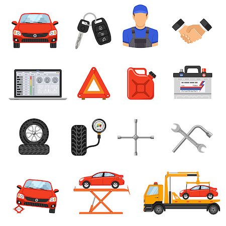 Car Service Flat Icons Set for Poster, Web Site, Advertising like Laptop, Tow, Battery, Jack and Mechanic. Stock Photo - Budget Royalty-Free & Subscription, Code: 400-08531804