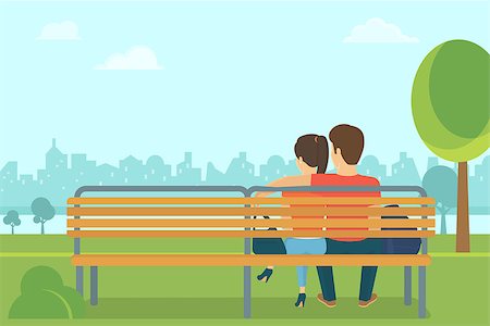 Couple outdoors in the park sitting on the bench and looking at the city. Flat romantic illustration of young people leisure time Stock Photo - Budget Royalty-Free & Subscription, Code: 400-08532183