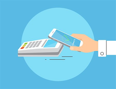 debit - Flat illustration of mobile payment via smartphone. Human hand holds a smartphone and doing payment by credit card wireless connecting to the payment terminal Stock Photo - Budget Royalty-Free & Subscription, Code: 400-08532613