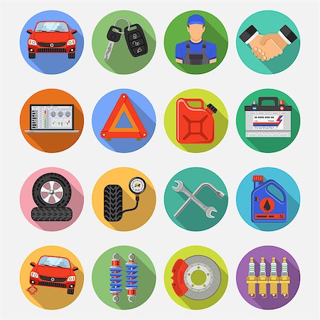 Car Service Flat Icons Set for Poster, Web Site, Advertising like Laptop, Brake, Battery, Jack and Mechanic on colored circles with Long Shadows. Stock Photo - Budget Royalty-Free & Subscription, Code: 400-08532834