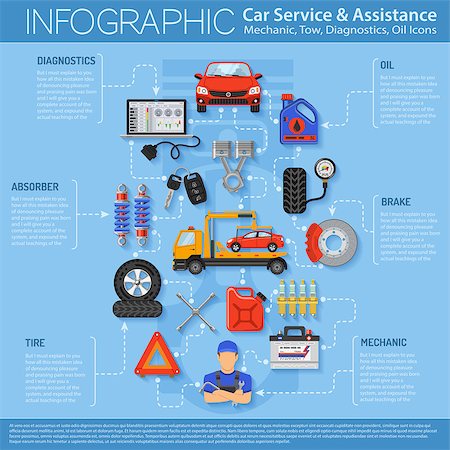 Car Service Infographics with Flat Icons for Poster, Web Site, Advertising like Laptop, Tow, Battery, Brake, Mechanic. Stock Photo - Budget Royalty-Free & Subscription, Code: 400-08532835
