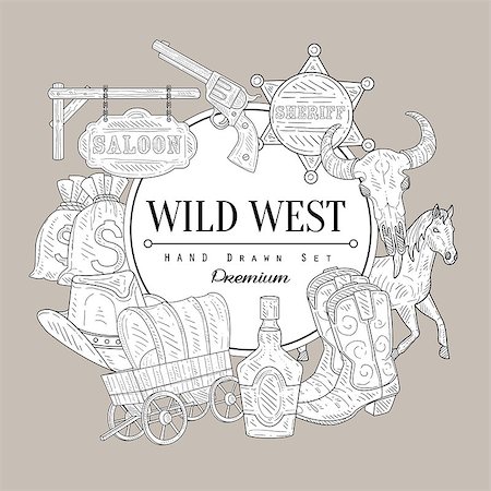 Wild West Set Vintage Vector Hand Drawn Design Card Stock Photo - Budget Royalty-Free & Subscription, Code: 400-08532917