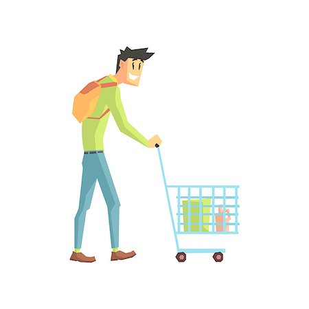 Guy Doing Grocery Shopping Flat Isolated Vector Illustration in Cartoon Geometric Style On White Background Stock Photo - Budget Royalty-Free & Subscription, Code: 400-08554583