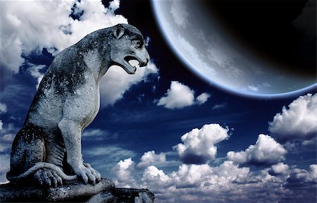 simsearch:400-05716374,k - Ancient lion statue and bright moon in the night sky. Elements of this image furnished by NASA Stock Photo - Budget Royalty-Free & Subscription, Code: 400-08555965