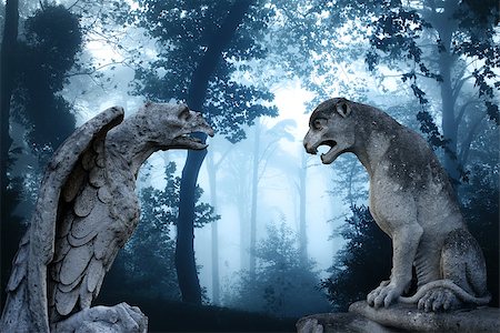 simsearch:400-05716374,k - Ancient eagle statue and lion statues in mysterious landscape of foggy forest Stock Photo - Budget Royalty-Free & Subscription, Code: 400-08555966