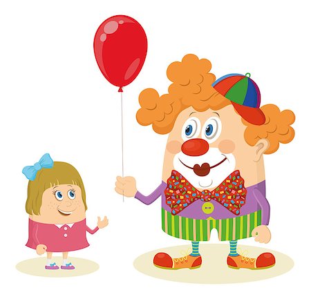 Cheerful kind circus clown in colorful clothes gives a little girl a balloon, holiday illustration, funny cartoon character, isolated on white background. Vector Stock Photo - Budget Royalty-Free & Subscription, Code: 400-08555998