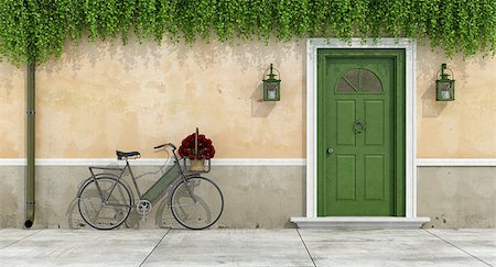 Country house with old door and bicycle with bouquet of roses in a wicker basket - 3d rendering Stock Photo - Budget Royalty-Free & Subscription, Code: 400-08556628