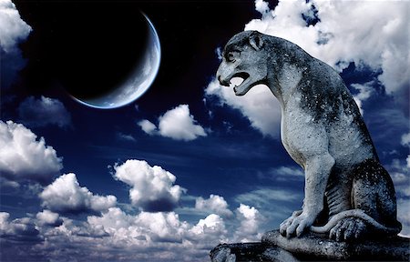 simsearch:400-05716374,k - Ancient lion statue and bright moon in the night sky. Elements of this image furnished by NASA Stock Photo - Budget Royalty-Free & Subscription, Code: 400-08556685