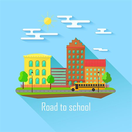 school city illustration - School building, bus and front yard with students children. Flat style vector illustration isolated on blue background. Stock Photo - Budget Royalty-Free & Subscription, Code: 400-08551379