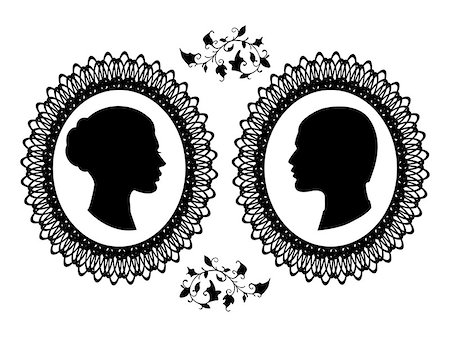 Profiles of man and woman in ornate frame. Black silhouette of a couple isolated on white background Stock Photo - Budget Royalty-Free & Subscription, Code: 400-08551761