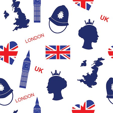 sasha2538 (artist) - Seamless pattern background with London landmarks and Britain symbols vector illustration. English background with map queen and flag Stock Photo - Budget Royalty-Free & Subscription, Code: 400-08552497