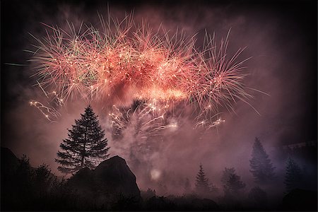 silhouette of firework - Fireworks into the forest in the amazing summer night, Waterfall Toce - Piedmont, Italy Foto de stock - Super Valor sin royalties y Suscripción, Código: 400-08574827