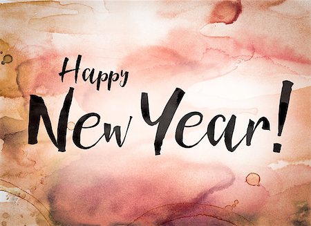 The word "Happy New Year" written in black paint on a colorful watercolor washed background. Stock Photo - Budget Royalty-Free & Subscription, Code: 400-08573942