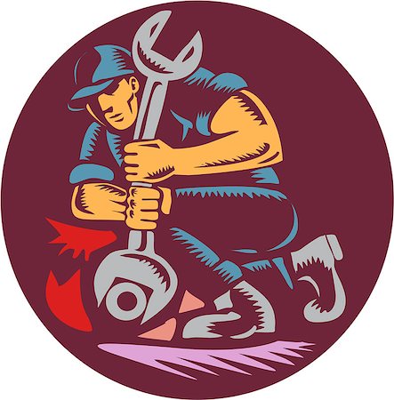 simsearch:400-08629141,k - Illustration of a mechanic holding giant wrench unscrewing set inside circle on isolated background done in retro woodcut style. Stock Photo - Budget Royalty-Free & Subscription, Code: 400-08614006