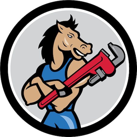 pipe wrench - Illustration of a horse plumber arms crossed holding monkey wrench looking to the side set inside circle on isolated background done in cartoon style. Stock Photo - Budget Royalty-Free & Subscription, Code: 400-08615348