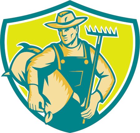 simsearch:400-08629141,k - Illustration of organic farmer wearing hat and overalls holding rake and carrying sack viewed from the front set inside shield crest done in retro woodcut style. Stock Photo - Budget Royalty-Free & Subscription, Code: 400-08615459