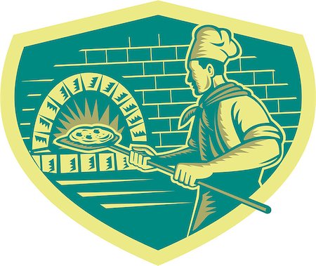 simsearch:400-08629141,k - Illustration of a baker pizza maker holding a peel with pizza pie into a brick oven viewed from side set inside shield done in retro woodcut style. Stock Photo - Budget Royalty-Free & Subscription, Code: 400-08615450