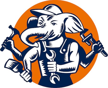 simsearch:400-08629141,k - Illustration of an elephant builder plumber mechanic repairman with 4 hands holding hammer wrench spanner and brush set inside circle done in retro woodcut style. Stock Photo - Budget Royalty-Free & Subscription, Code: 400-08615461