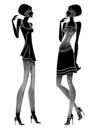 simsearch:400-05135012,k - Attractive slender ladies in short dresses are talking and gesticulate, detailed hand drawing vector silhouettes Stock Photo - Budget Royalty-Free & Subscription, Code: 400-08618262
