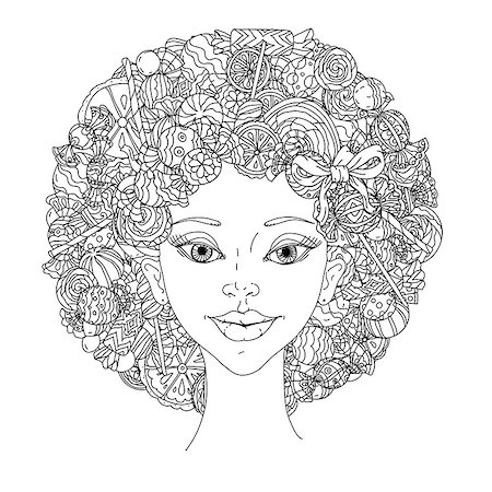 drawn curved - Beautiful fashion woman with abstract hair of candies, sweets and lollypos uncoloured  black and white ornament in adult coloring book style. Could be use  for adult coloring book  in zenart style. Photographie de stock - Aubaine LD & Abonnement, Code: 400-08618413