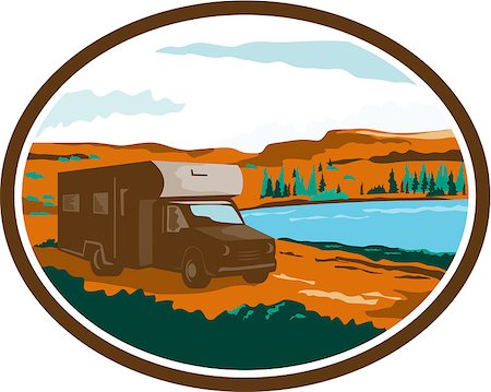 Illustration of a camper van motorhome rv traveling in desert or arid steppe with water basin lake in the background set inside oval done in retro style. Stock Photo - Budget Royalty-Free & Subscription, Code: 400-08619474