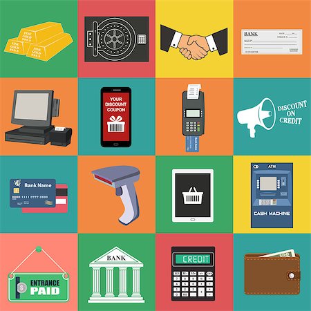 simsearch:400-05133703,k - Flat concept vector illustrations set of payment methods such as credit card, nfc, mobile app, atm, terminal, website, bank transfer, cash and invoice Stock Photo - Budget Royalty-Free & Subscription, Code: 400-08619697