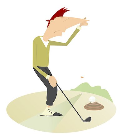Golf ball hits into the dung and man holds his nose from odor nuisance Photographie de stock - Aubaine LD & Abonnement, Code: 400-08611793
