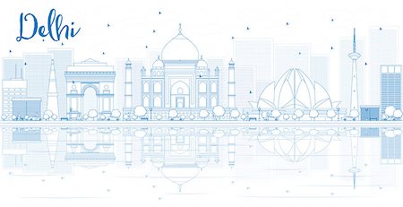 Outline Delhi skyline with blue buildings and reflections. Vector illustration. Business travel and tourism concept with place for text. Image for presentation, banner, placard and web site. Stock Photo - Budget Royalty-Free & Subscription, Code: 400-08612614