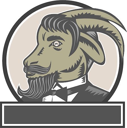 ram animal side view - Illustration of a goat ram head with big horns and moustache beard wearing tuxedo suit looking to the side set inside circle done in retro woodcut style. Stock Photo - Budget Royalty-Free & Subscription, Code: 400-08613971