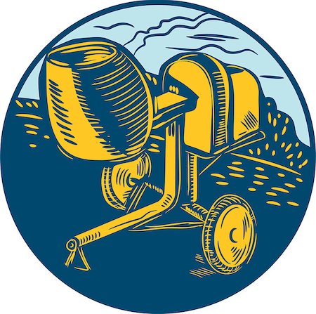 simsearch:400-08629141,k - Illustration of a concrete cement mortar mixer set inside circle done in retro woodcut style. Stock Photo - Budget Royalty-Free & Subscription, Code: 400-08613996