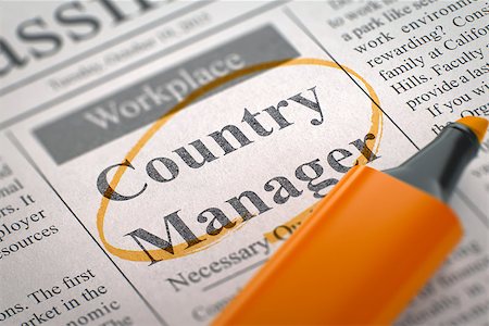 Country Manager - Vacancy in Newspaper, Circled with a Orange Marker. Blurred Image. Selective focus. Job Search Concept. 3D Rendering. Stock Photo - Budget Royalty-Free & Subscription, Code: 400-08624940
