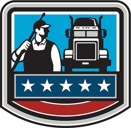 Illustration of a male pressure washing cleaner worker holding a water blaster on shoulder looking to the side with truck viewed from front set inside shield crest with american stars and stripes flag in the background. Stock Photo - Budget Royalty-Free & Subscription, Code: 400-08625186