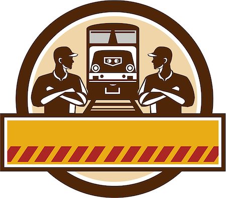 Illustration of train engineers with arms crossed looking at each other with diesel train on rail tracks in the background set inside circle done in retro style. Stock Photo - Budget Royalty-Free & Subscription, Code: 400-08626382