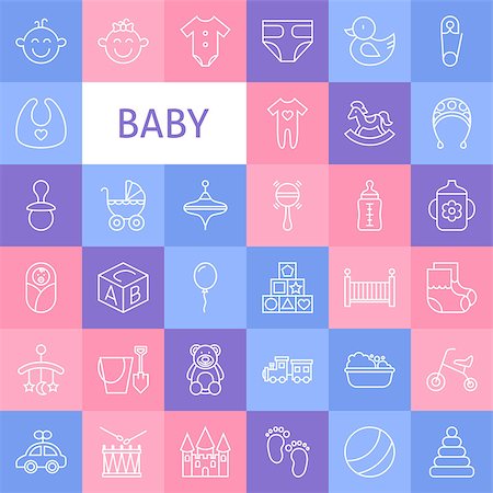 simsearch:400-05673438,k - Vector Line Art Baby Icons Set. Modern Thin Outline Newborn and Childhood Toys Items over Colorful Squares. Stock Photo - Budget Royalty-Free & Subscription, Code: 400-08626445