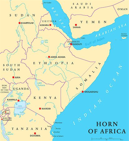Horn of Africa peninsula political map with capitals, national borders, important cities, rivers and lakes. In ancient times called Land of the Berbers. English labeling and scaling. Illustration. Stock Photo - Budget Royalty-Free & Subscription, Code: 400-08627133