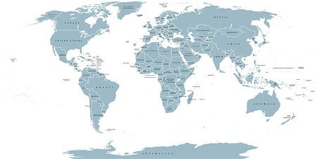 World political map. Detailed map of the world with shorelines, national borders and country names. Robinson projection, english labeling, grey illustration on white background. Stock Photo - Budget Royalty-Free & Subscription, Code: 400-08627889
