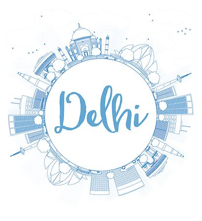 Outline Delhi skyline with blue landmarks and copy space. Business travel and tourism concept with place for text. Image for presentation, banner, placard and web site. Vector illustration. Stock Photo - Budget Royalty-Free & Subscription, Code: 400-08627969