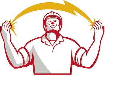 simsearch:400-08629141,k - Illustration of an electrician looking up and hands raised with lightning bolt struck in both hands viewed from the front set on isolated white background done in retro style. Stock Photo - Budget Royalty-Free & Subscription, Code: 400-08628482