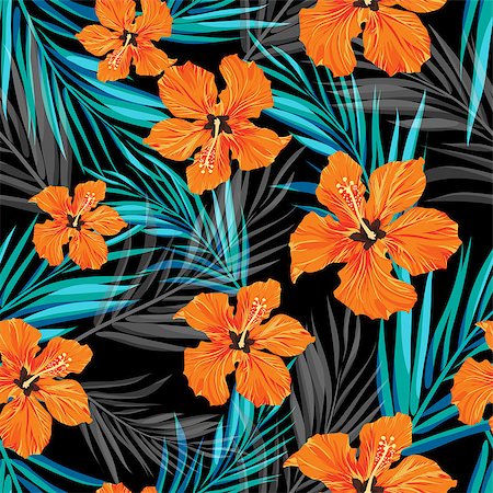 seamless floral - Summer tropical hawaiian sale background with palm tree leaves and exotic flowers, space for text, vector illustration. Stock Photo - Budget Royalty-Free & Subscription, Code: 400-08628848