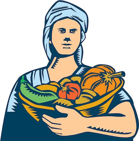 simsearch:400-08629141,k - Illustration of a female lady organic farmer carrying basket full of vegetables fruits harvest produce wearing turban bandana viewed from front set on isolated white background done in retro woodcut style. Stock Photo - Budget Royalty-Free & Subscription, Code: 400-08629135