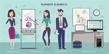 Flat vector business meeting scene, flat characters, people standing in the office, working concept, presentation with financial elements Stock Photo - Budget Royalty-Free & Subscription, Code: 400-08629646