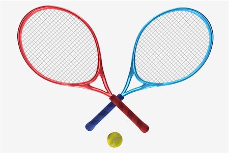 simsearch:400-04833689,k - Red and blue tennis rackets and yellow ball. Sport item for leisure activity. 3D illustration Stock Photo - Budget Royalty-Free & Subscription, Code: 400-08620446